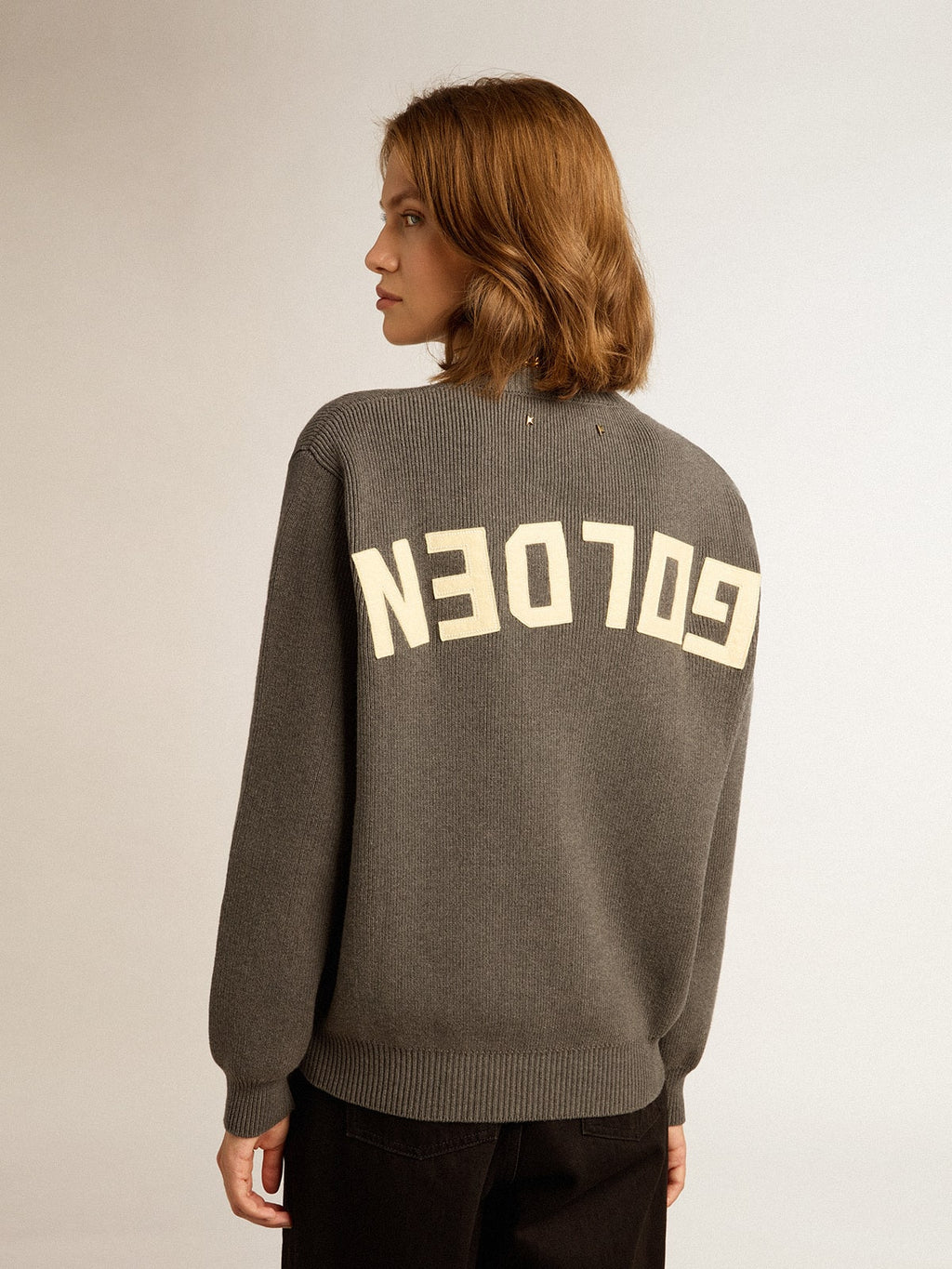 Women's round-neck sweater in dark gray cotton with logo on the back