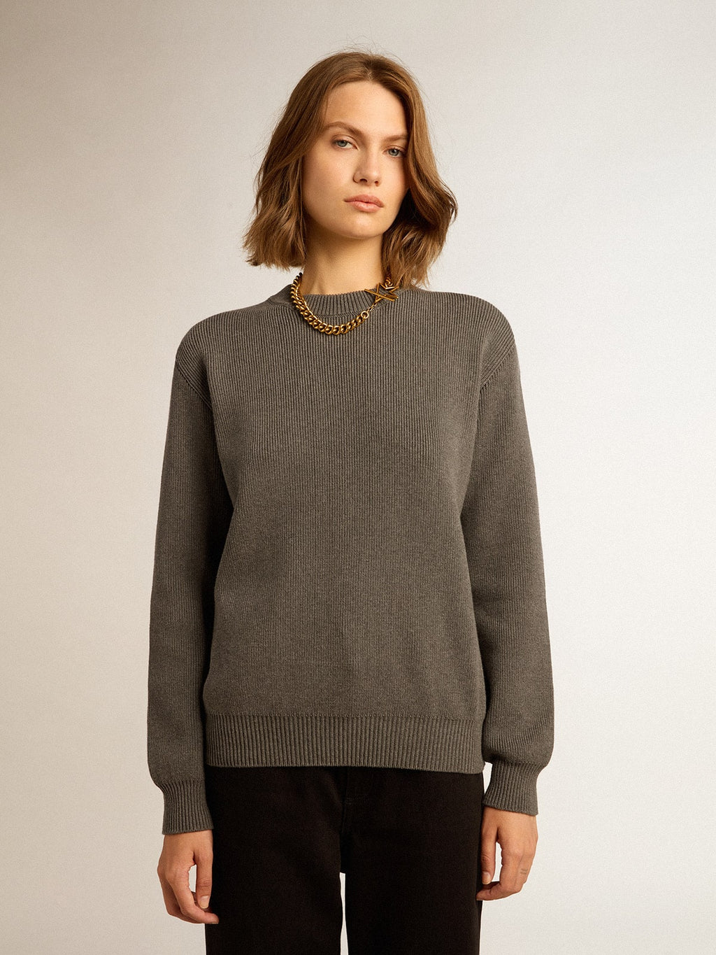Women's round-neck sweater in dark gray cotton with logo on the back