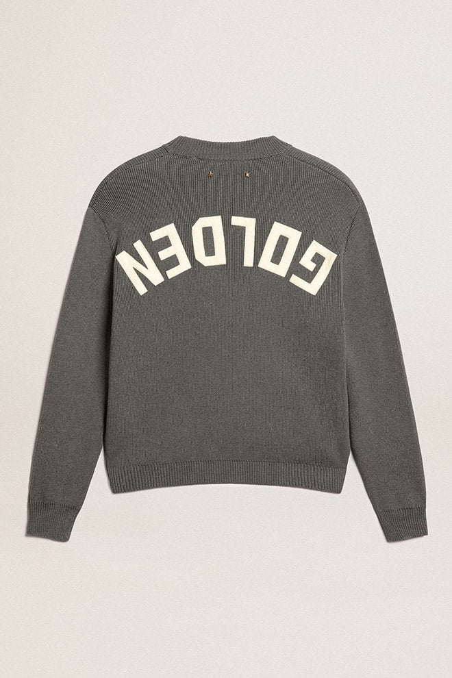 Women's round-neck sweater in dark gray cotton with logo on the back