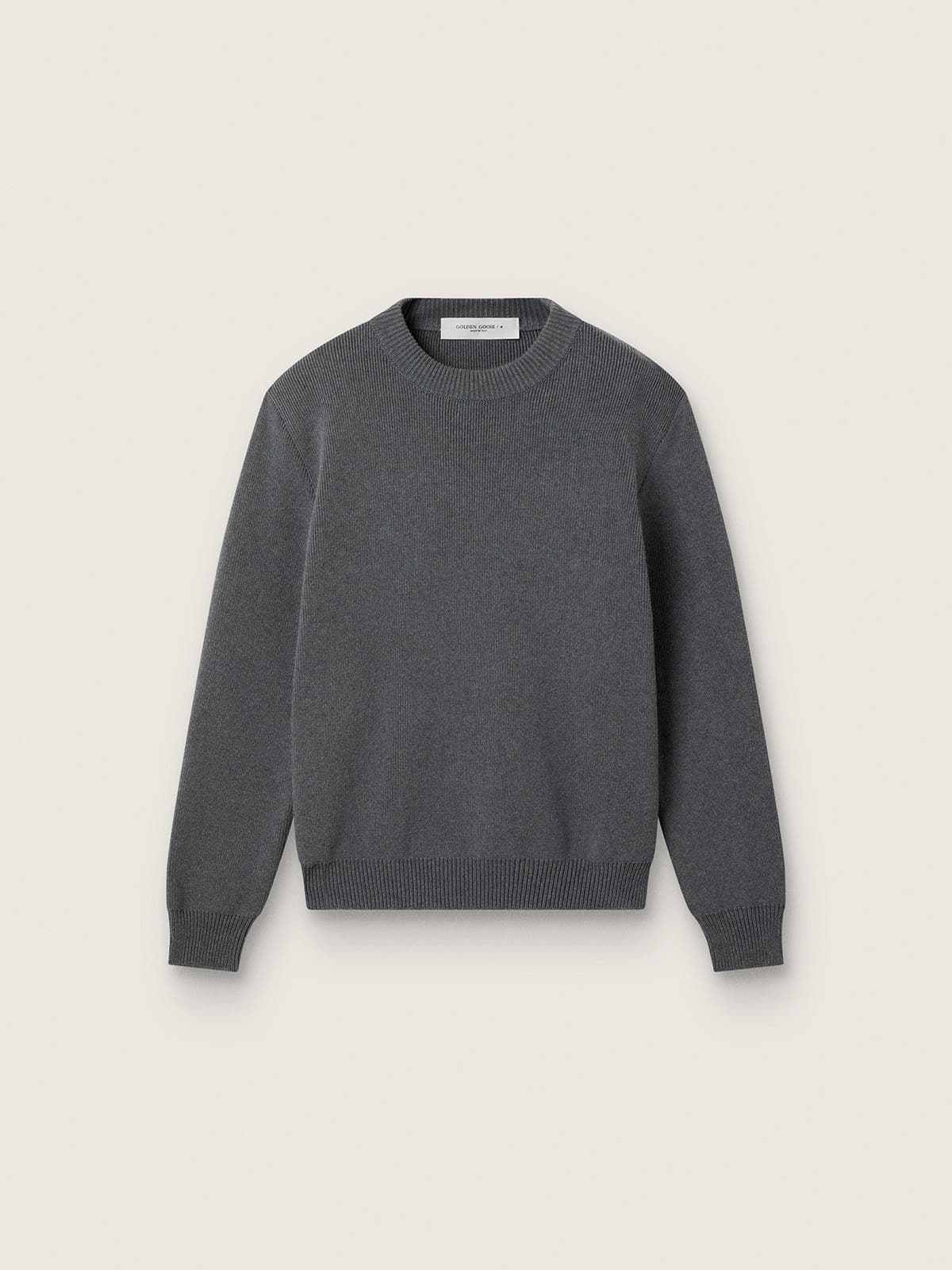 Women's round-neck sweater in dark gray cotton with logo on the back