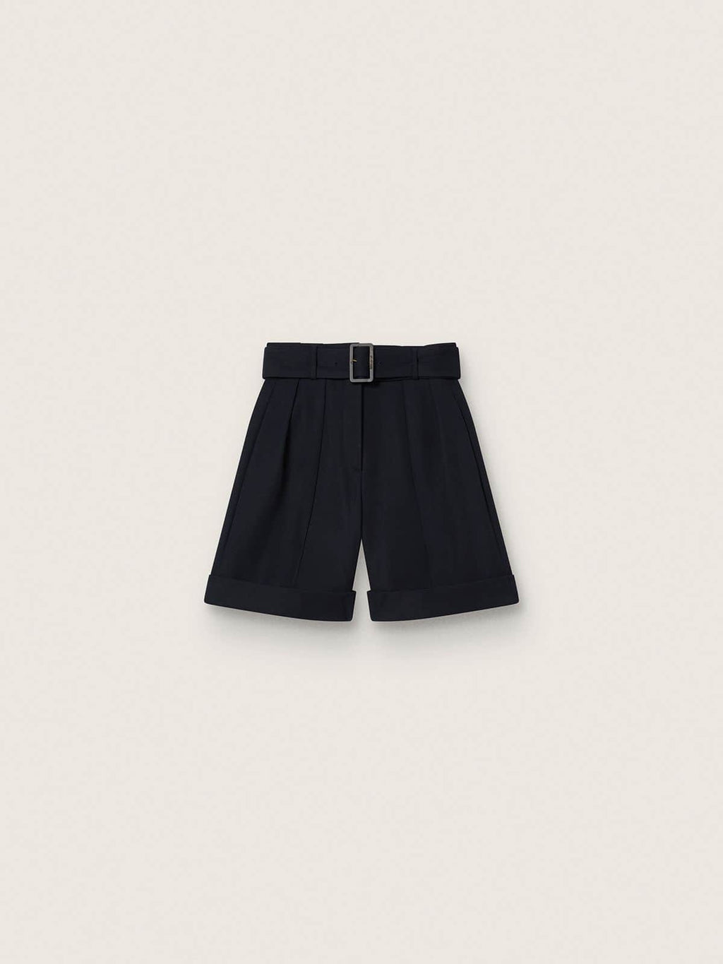 Women's shorts in black wool gabardine with waist belt