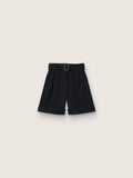 Women's shorts in black wool gabardine with waist belt