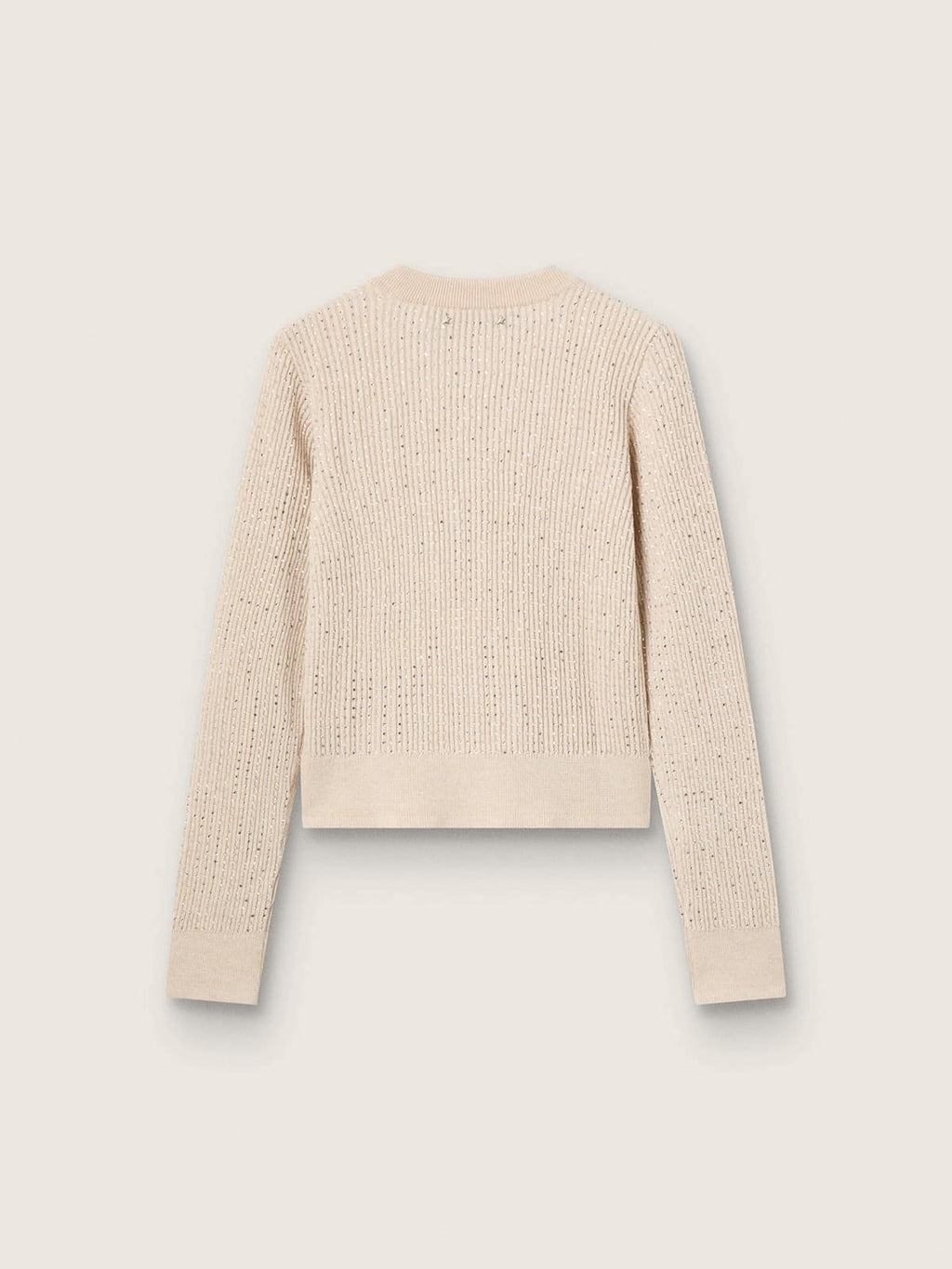 Cropped round-neck sweater in beige wool with all-over crystals