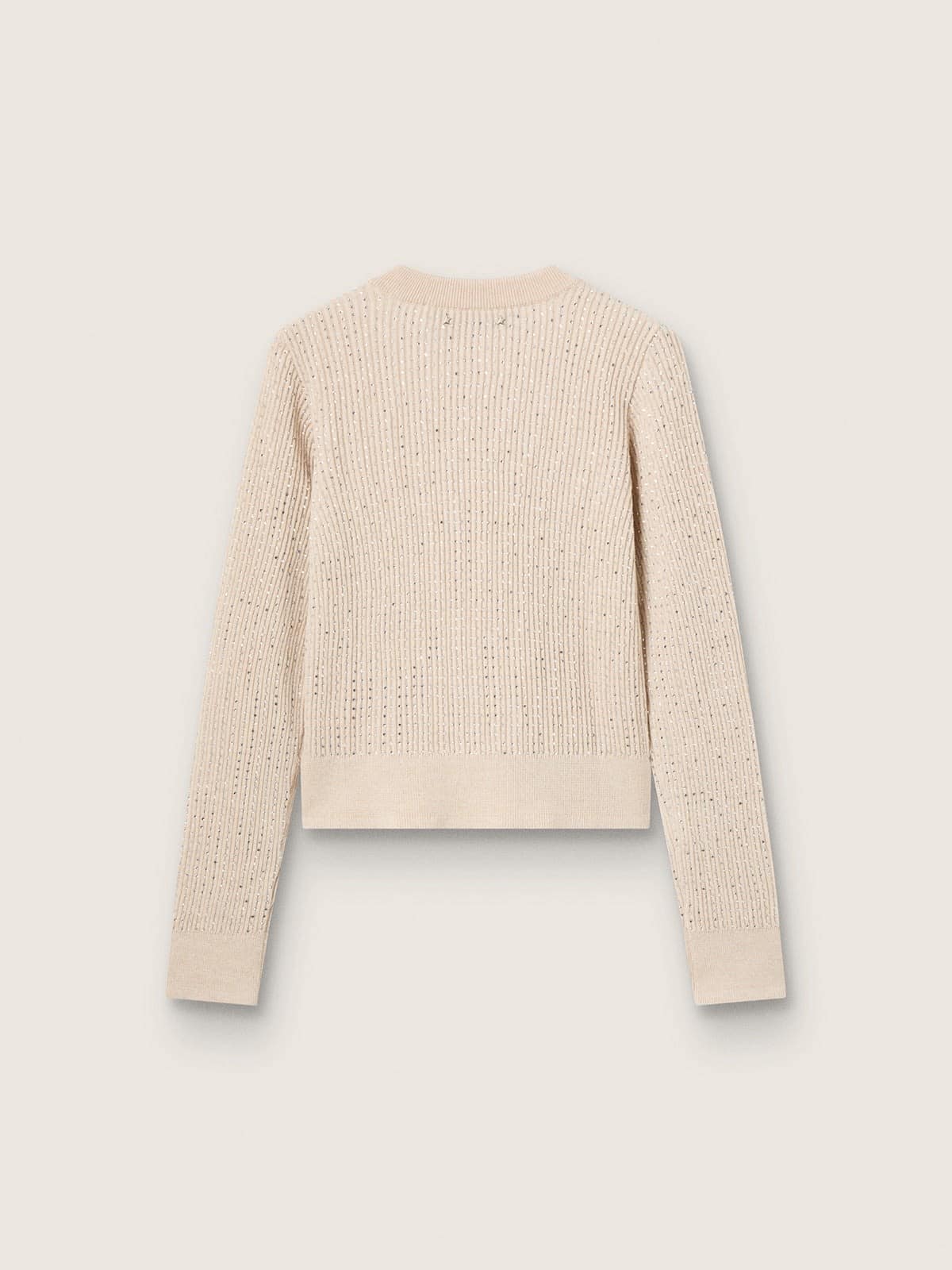 Cropped round-neck sweater in beige wool with all-over crystals