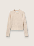 Cropped round-neck sweater in beige wool with all-over crystals