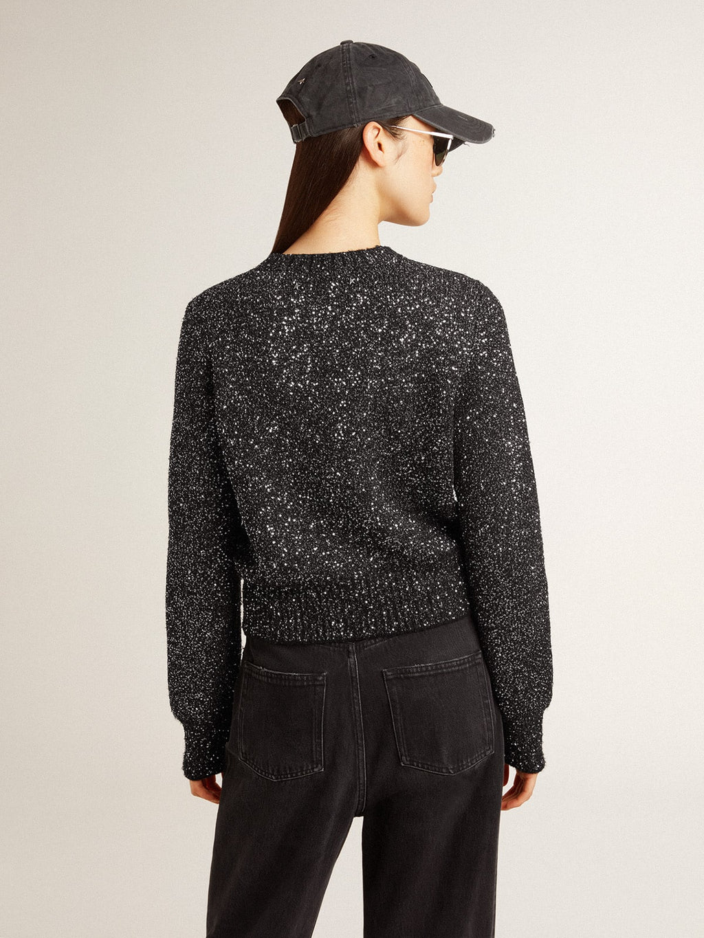 Women's black wool blend cropped sweater with all-over sequins