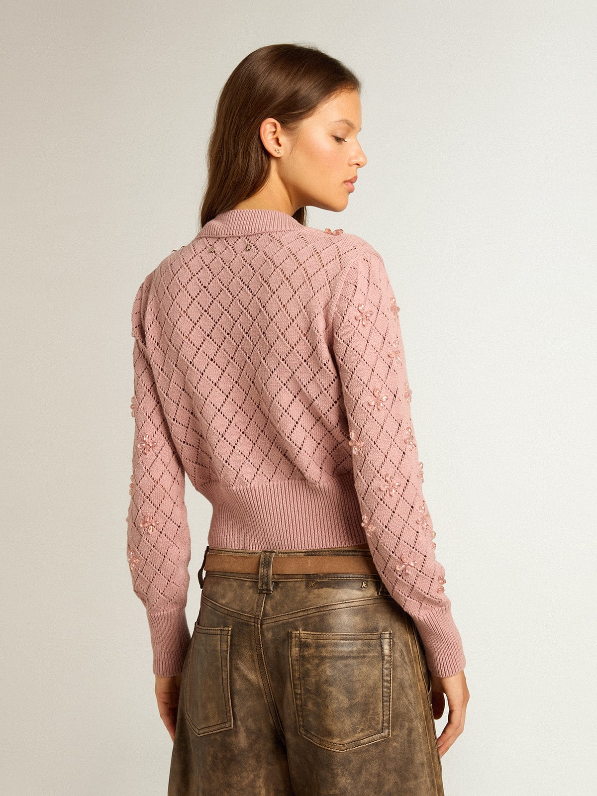 Openwork cotton cropped cardigan with decorative crystals