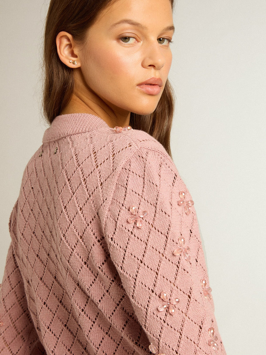 Openwork cotton cropped cardigan with decorative crystals
