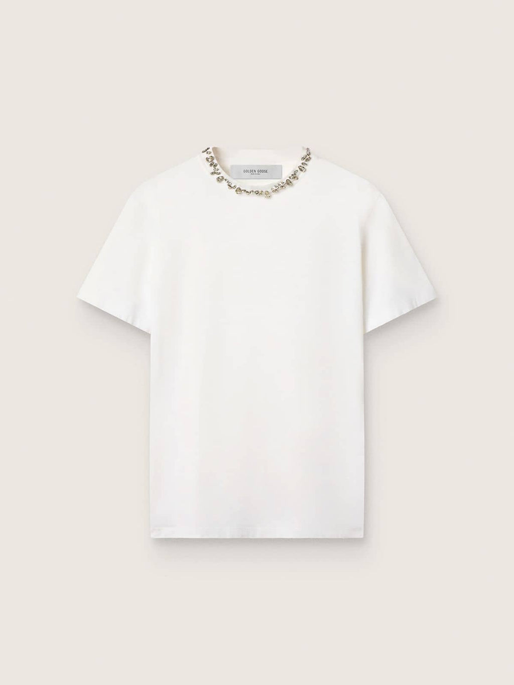 Women's white T-shirt with cabochon crystals
