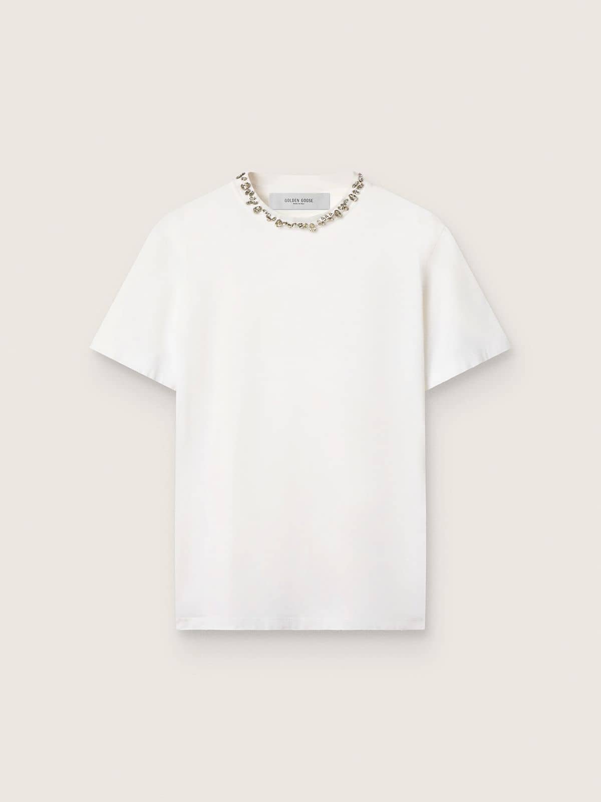 Women's white T-shirt with cabochon crystals