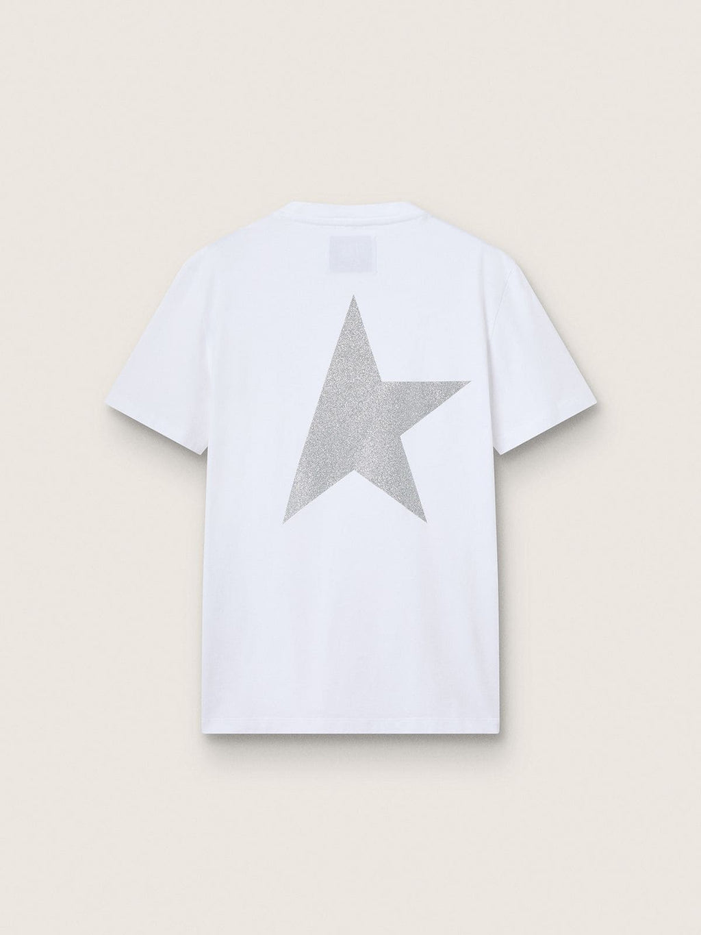 Women's white T-shirt with silver glitter logo and star