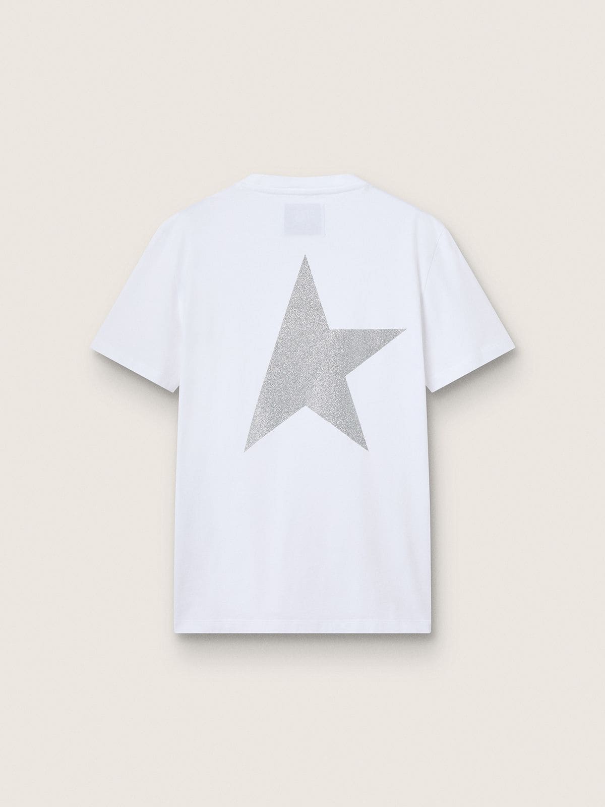 Women's white T-shirt with silver glitter logo and star