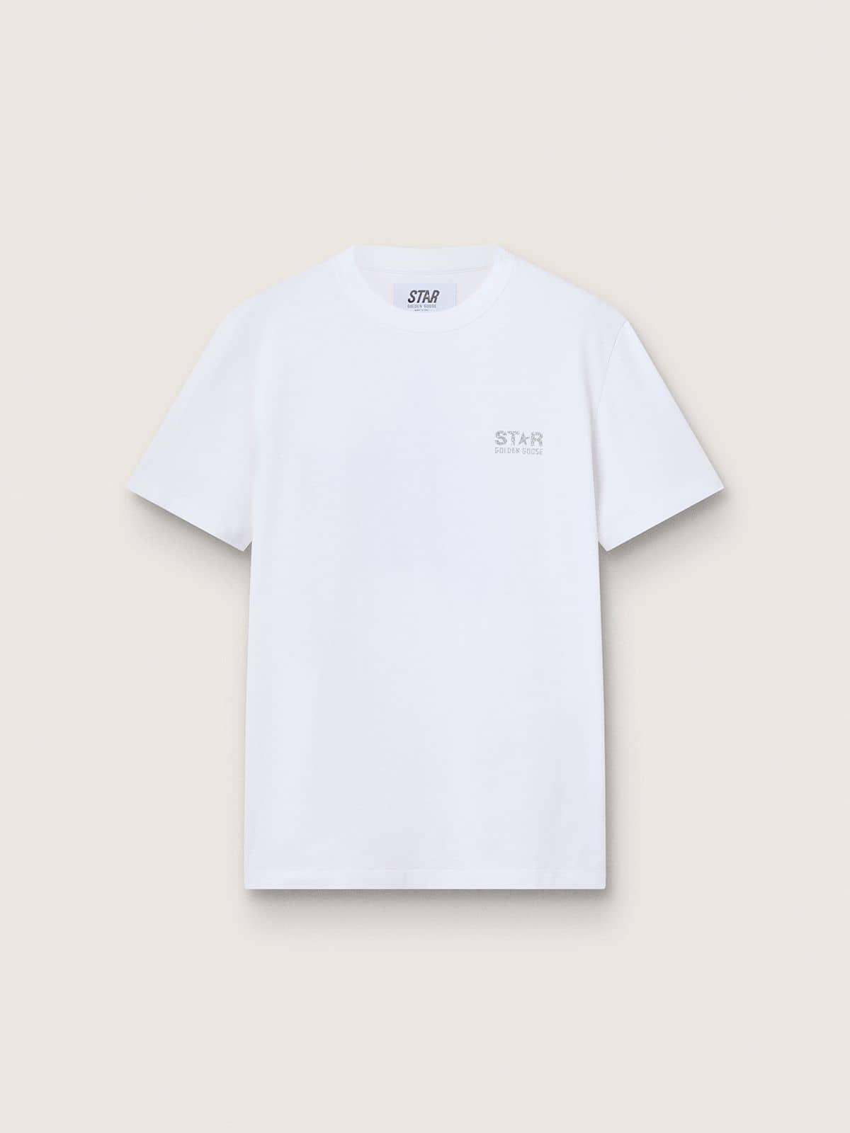 Women's white T-shirt with silver glitter logo and star