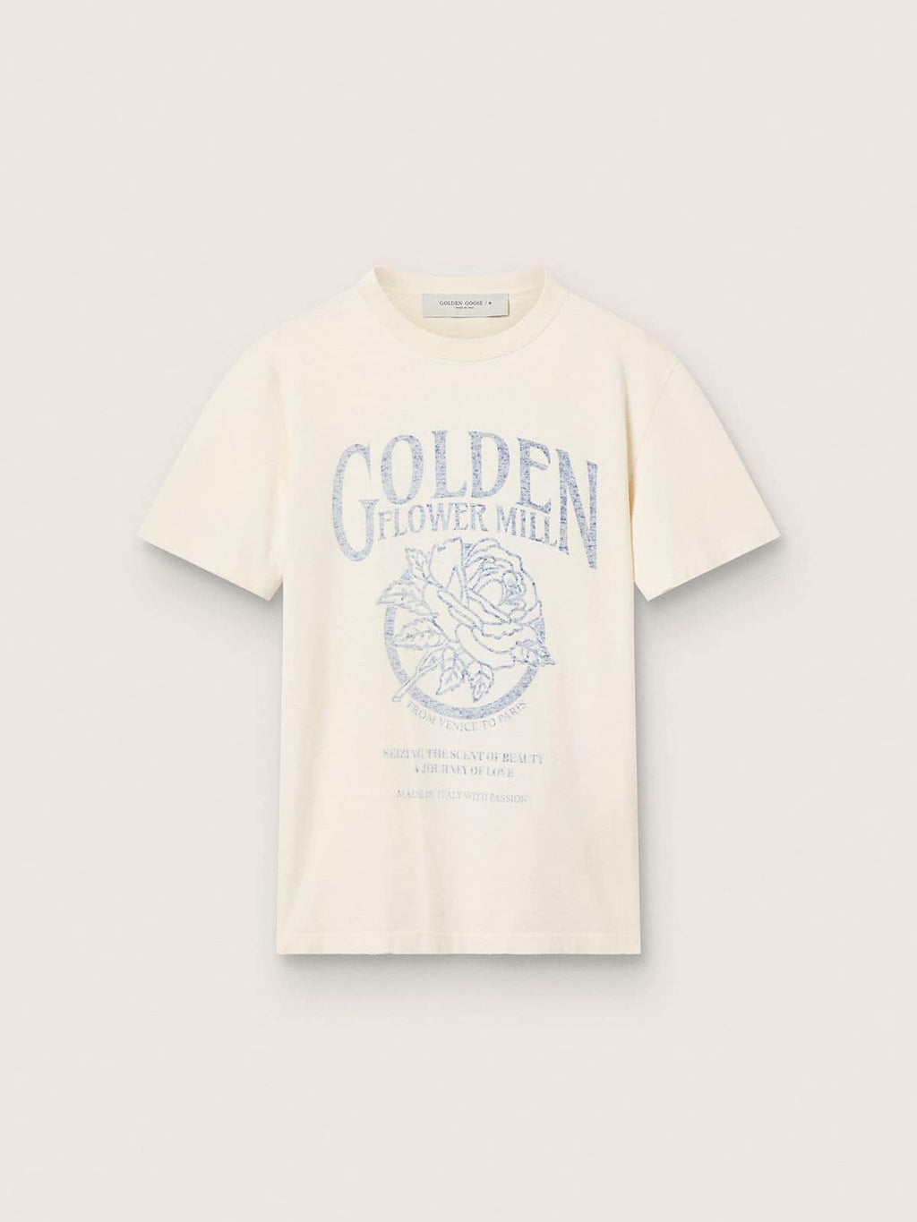 Women’s T-shirt in aged white cotton with seasonal print