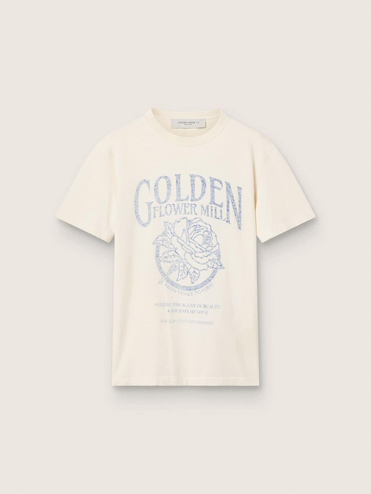 Women’s T-shirt in aged white cotton with seasonal print