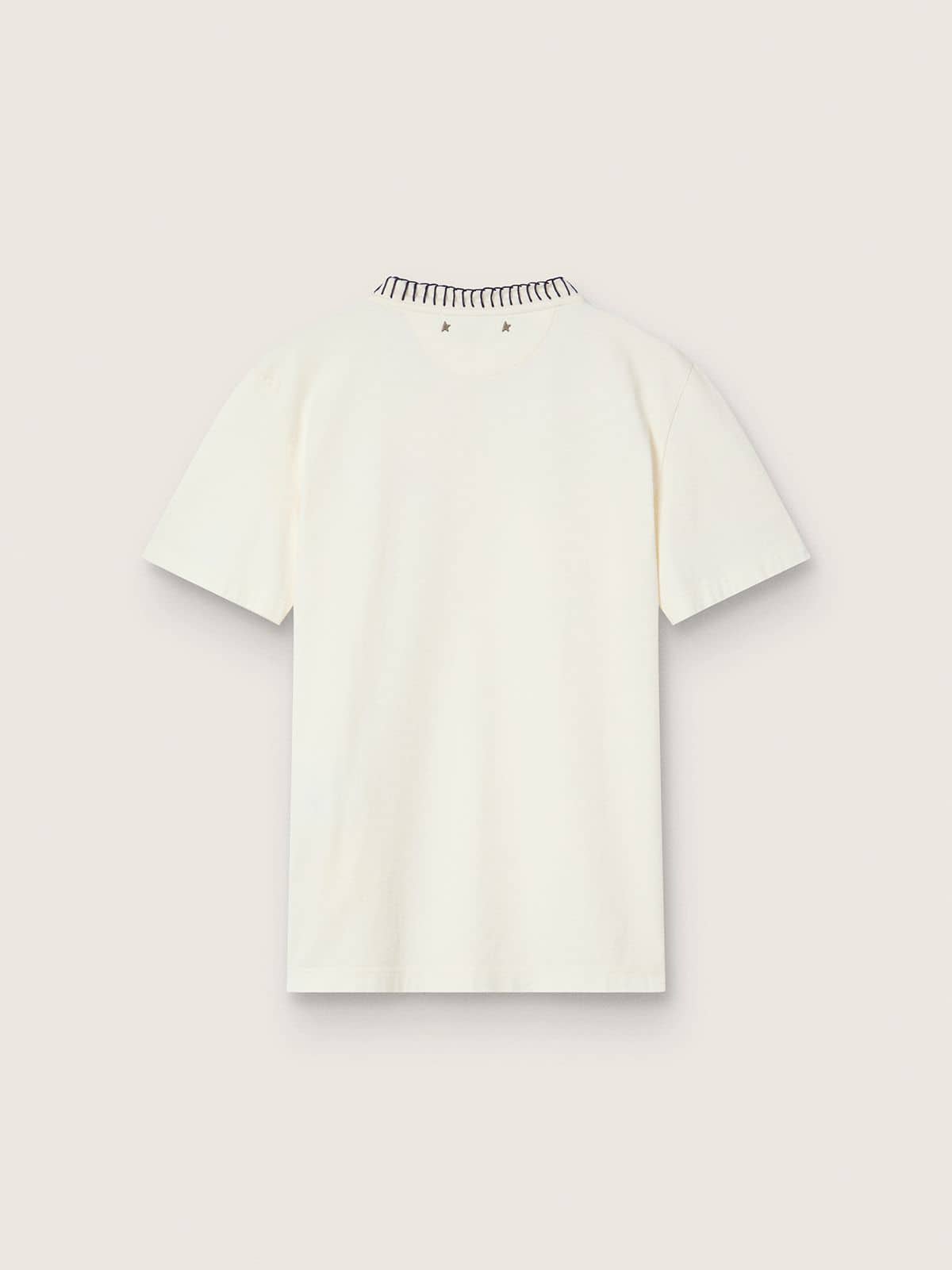 Women's aged white cotton T-shirt with hand embroidery