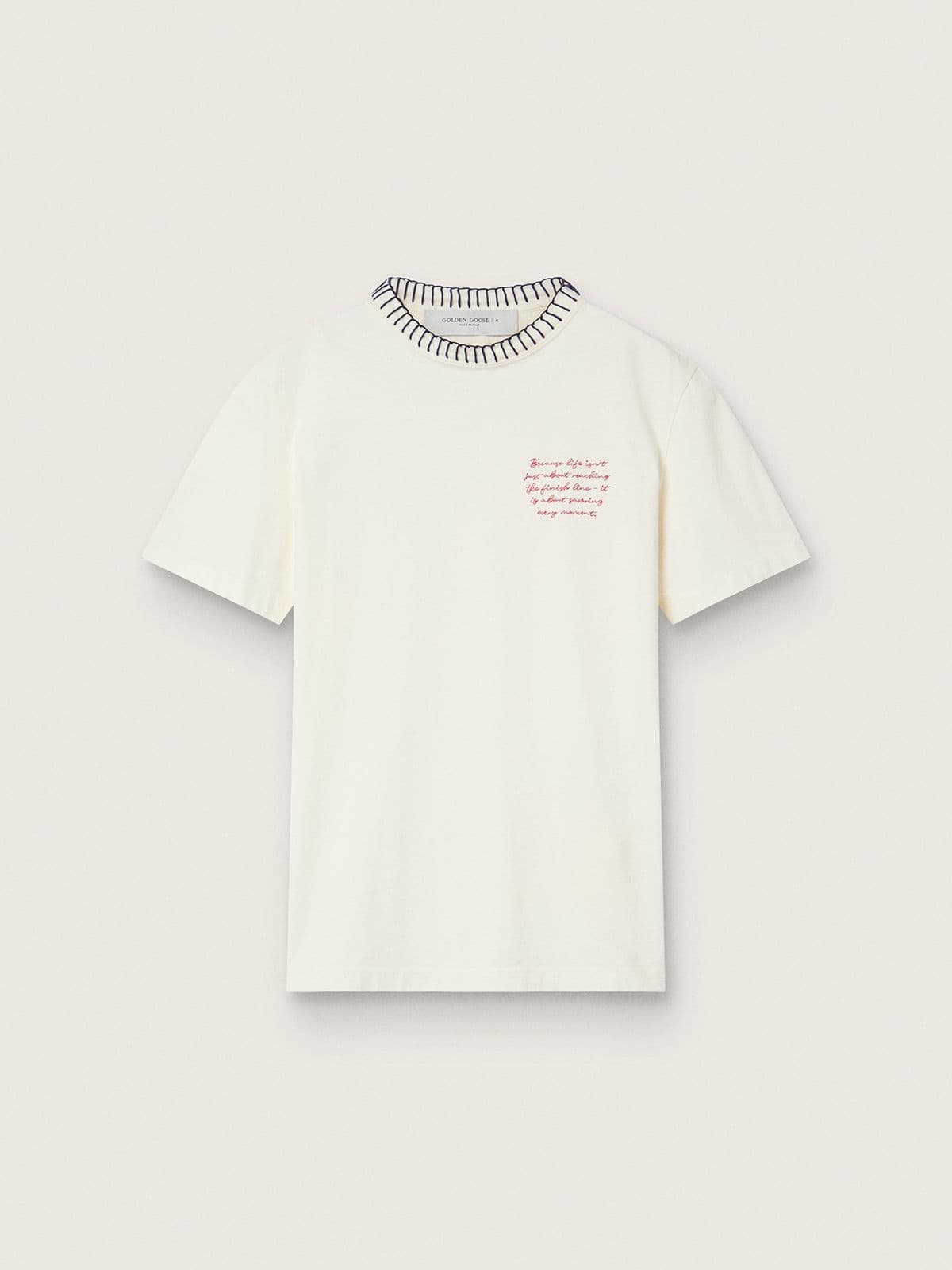 Women's aged white cotton T-shirt with hand embroidery