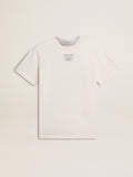 Women's worn-white cotton T-shirt with black lettering