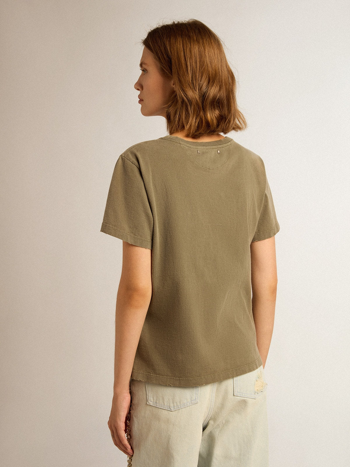 Women's olive green T-shirt with Golden lettering