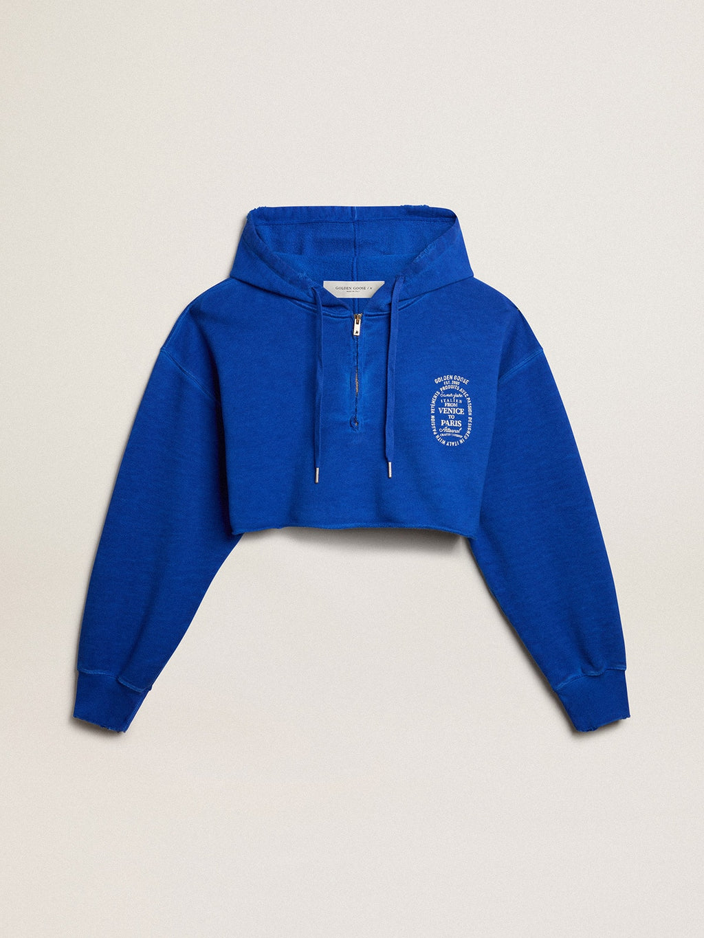 Blue cropped sweatshirt with zip fastening and hood