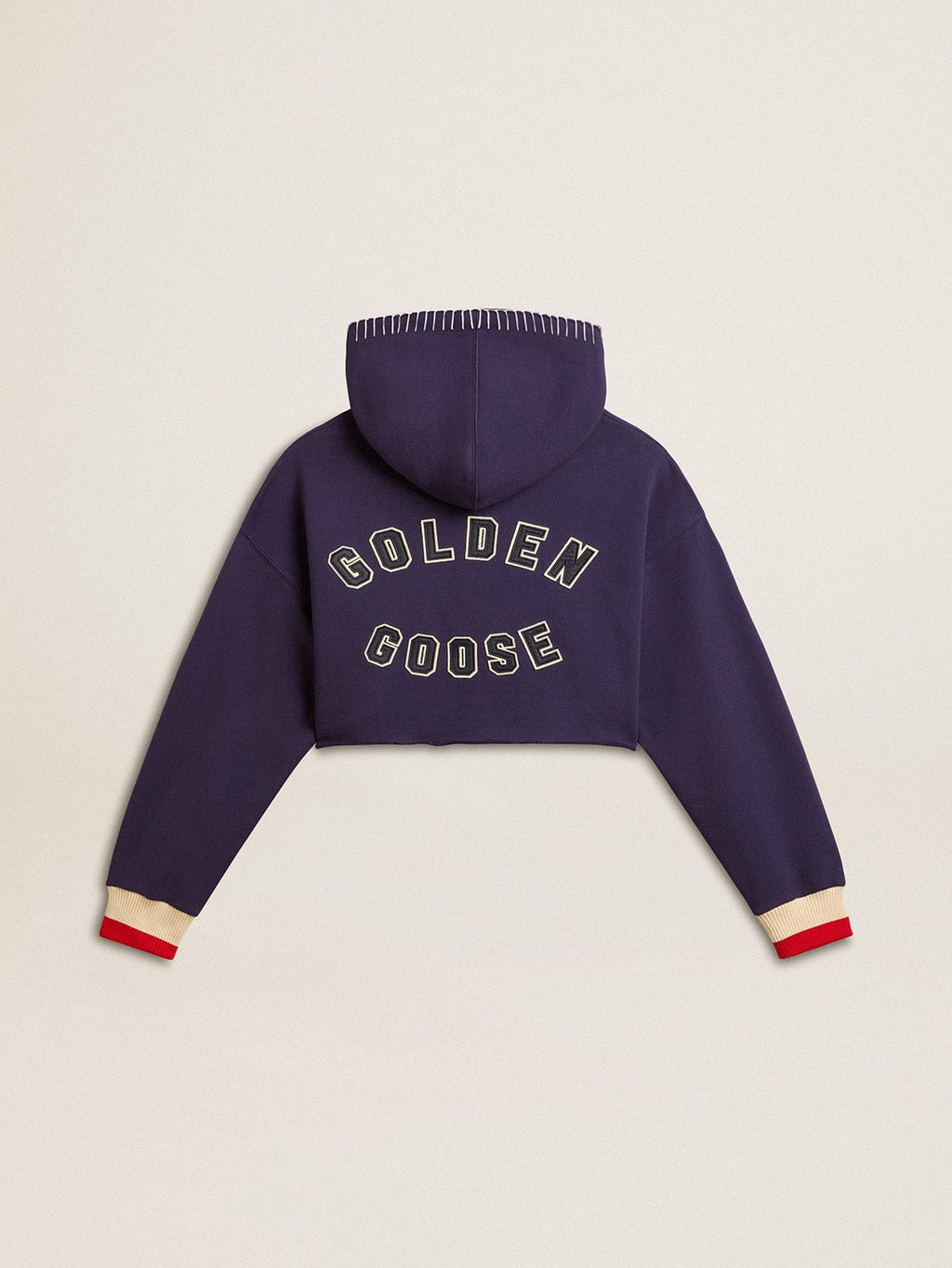 Dark blue cropped sweatshirt with zip fastening and embroidered hood