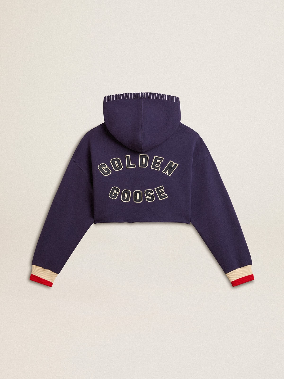Dark blue cropped sweatshirt with zip fastening and embroidered hood
