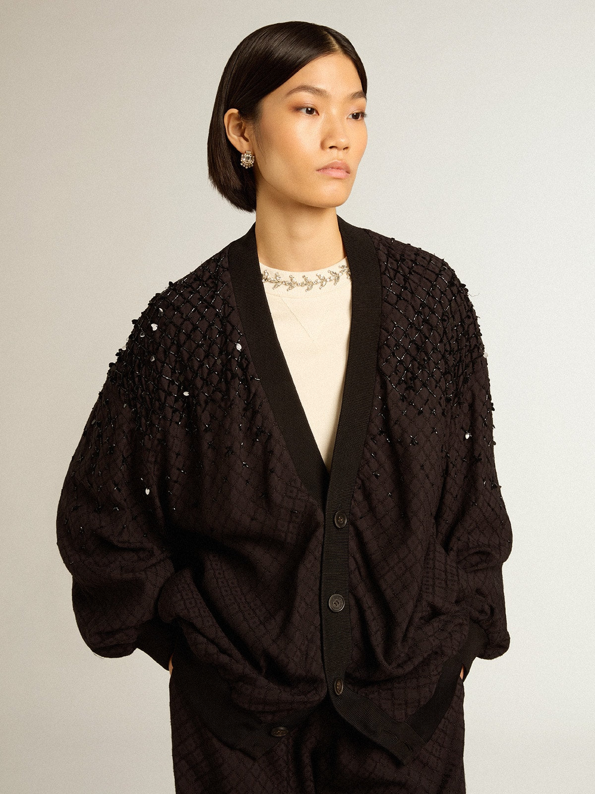Women’s black cardigan with shaded embroidery