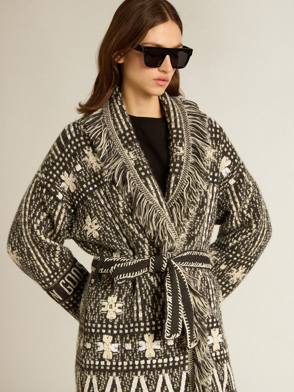 Cardigan with belt and dark gray Fair Isle pattern