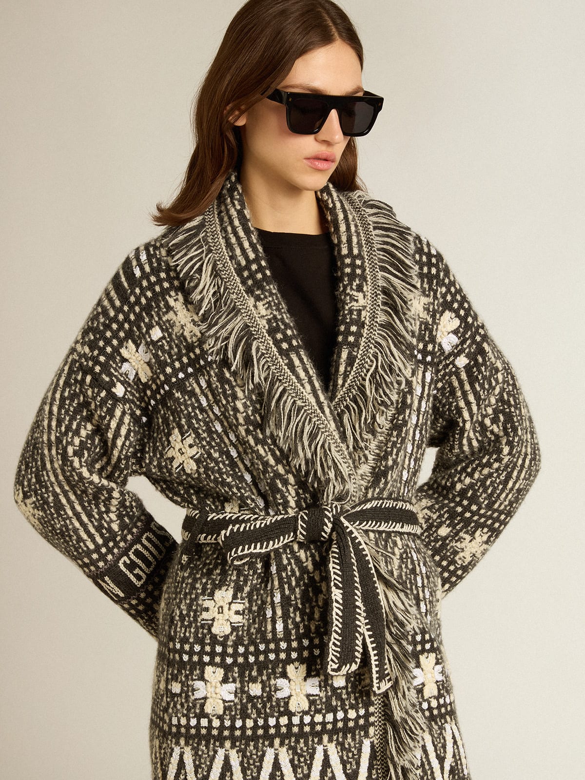 Cardigan with belt and dark gray Fair Isle pattern