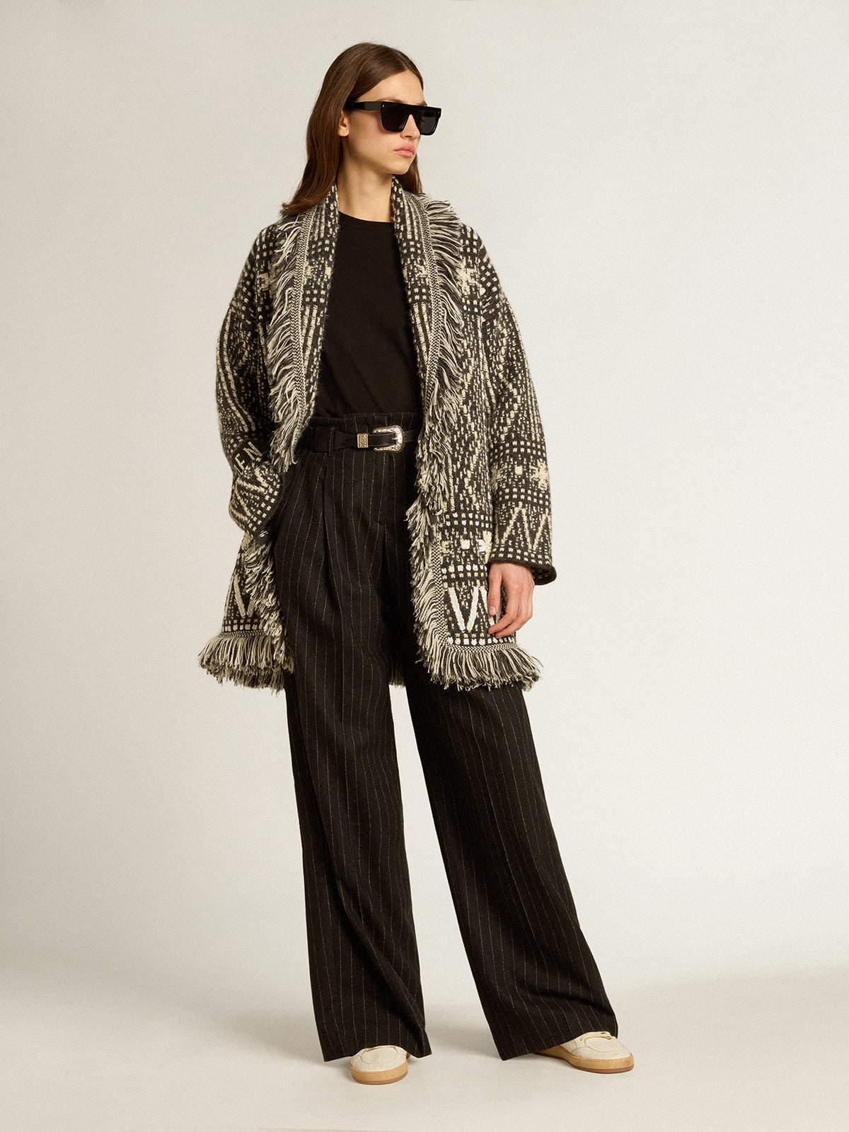Cardigan with belt and dark gray Fair Isle pattern