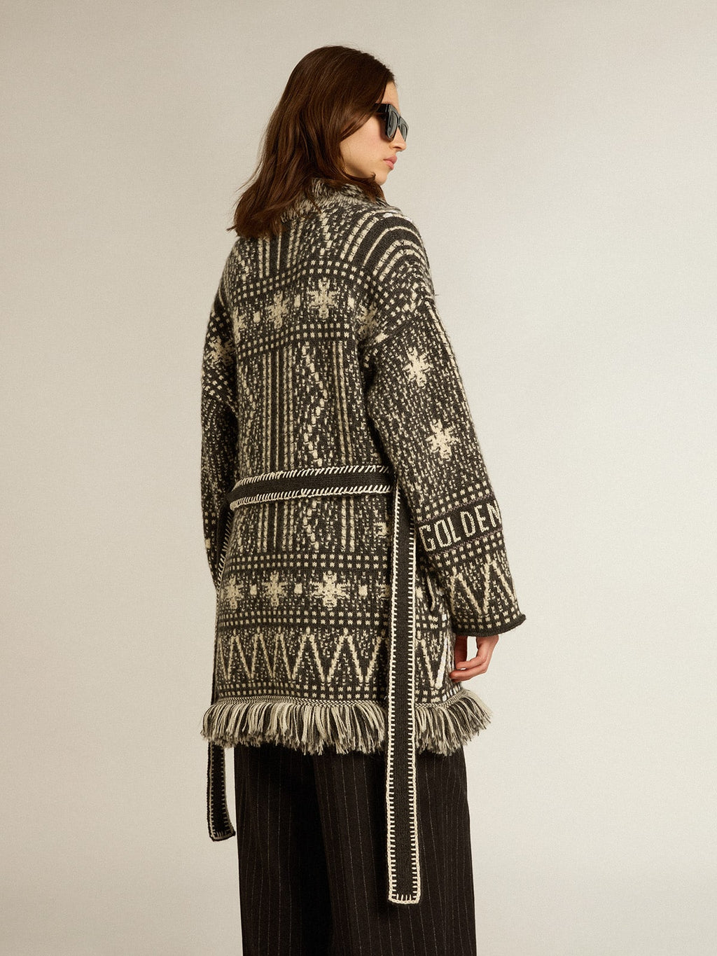 Cardigan with belt and dark gray Fair Isle pattern