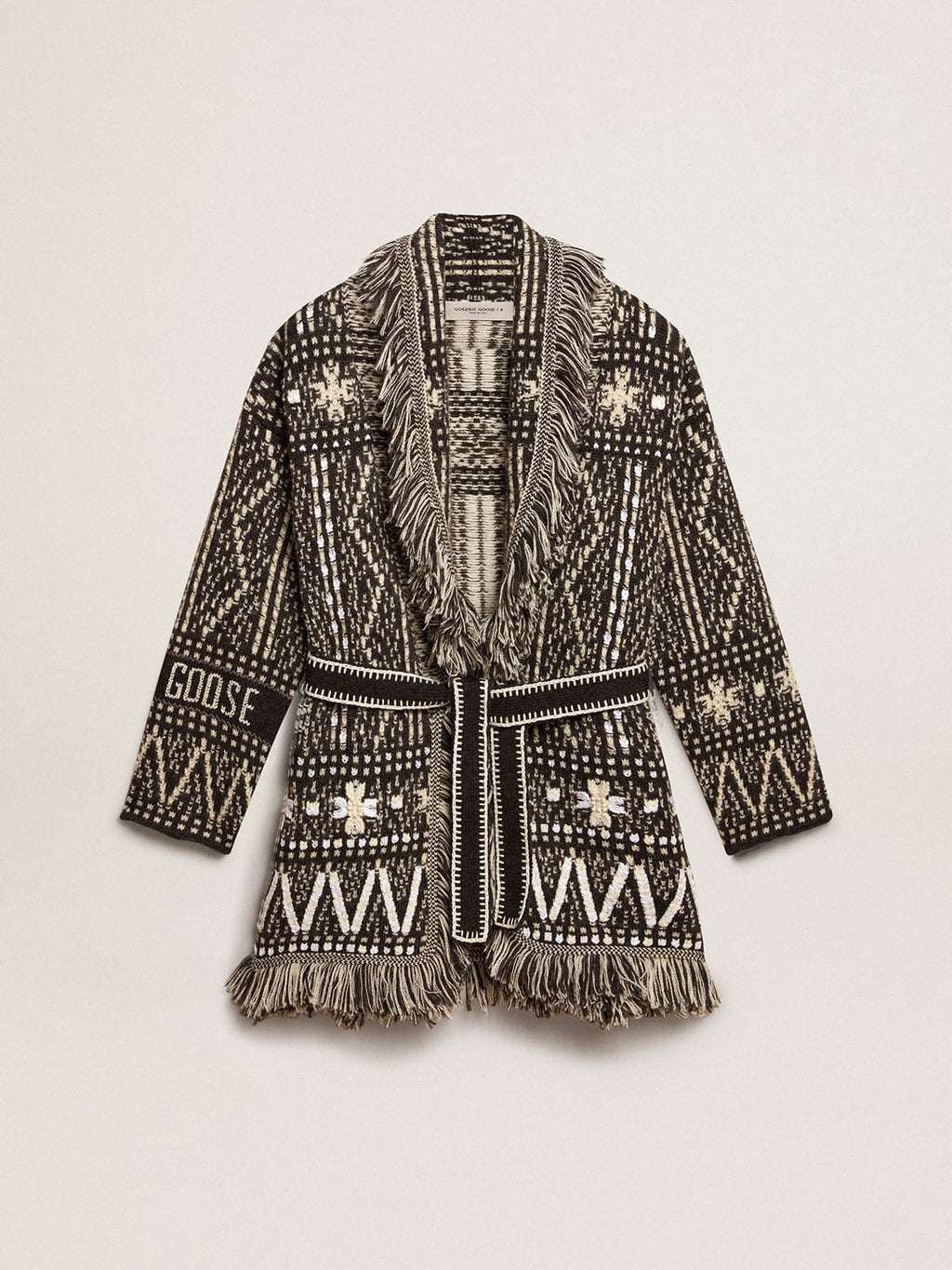 Cardigan with belt and dark gray Fair Isle pattern