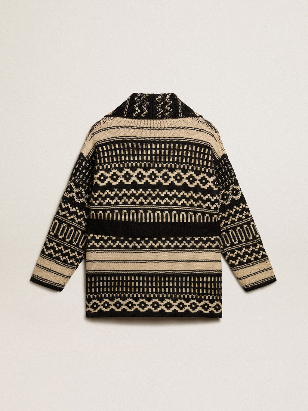 Women’s cardigan in ecru wool with jacquard design and belt