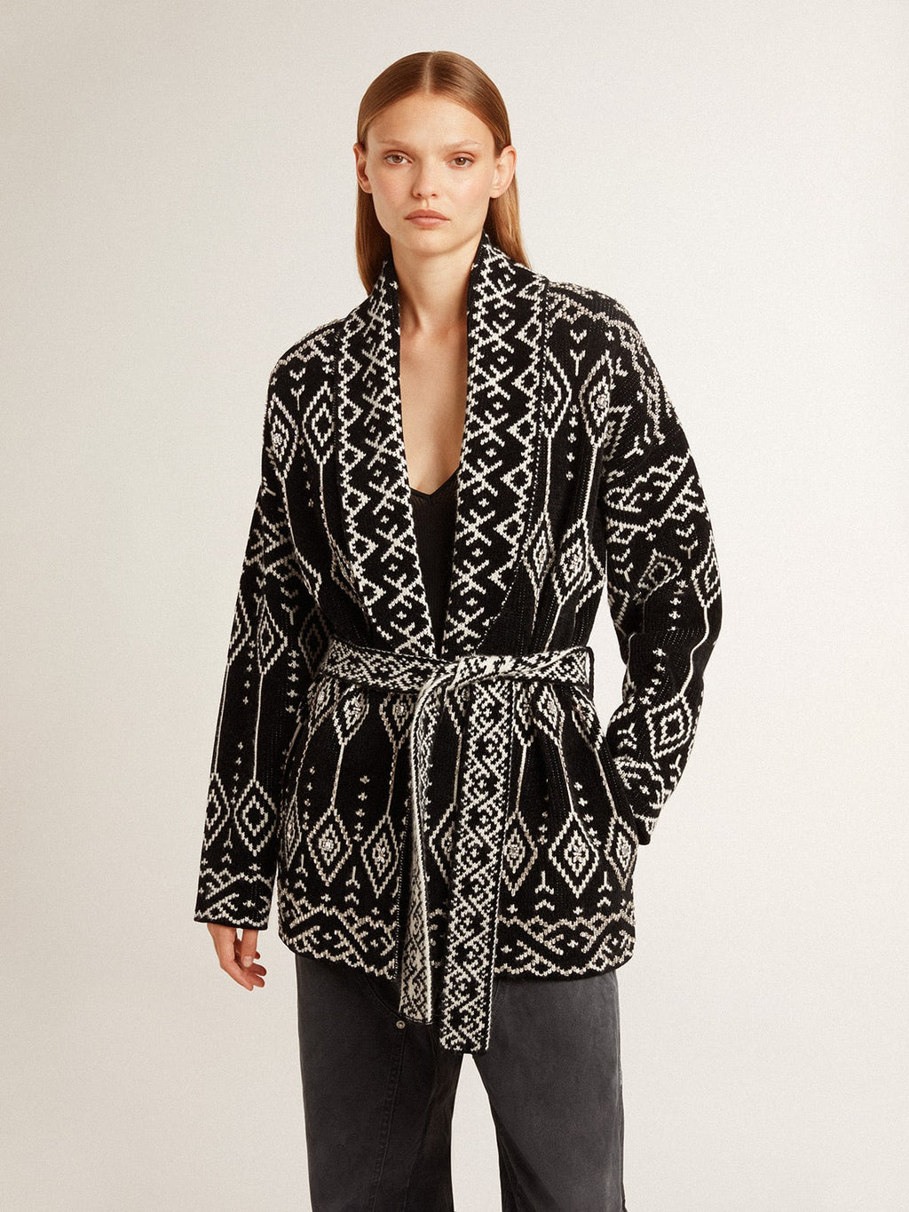 Women’s black cardigan with belt and crystals