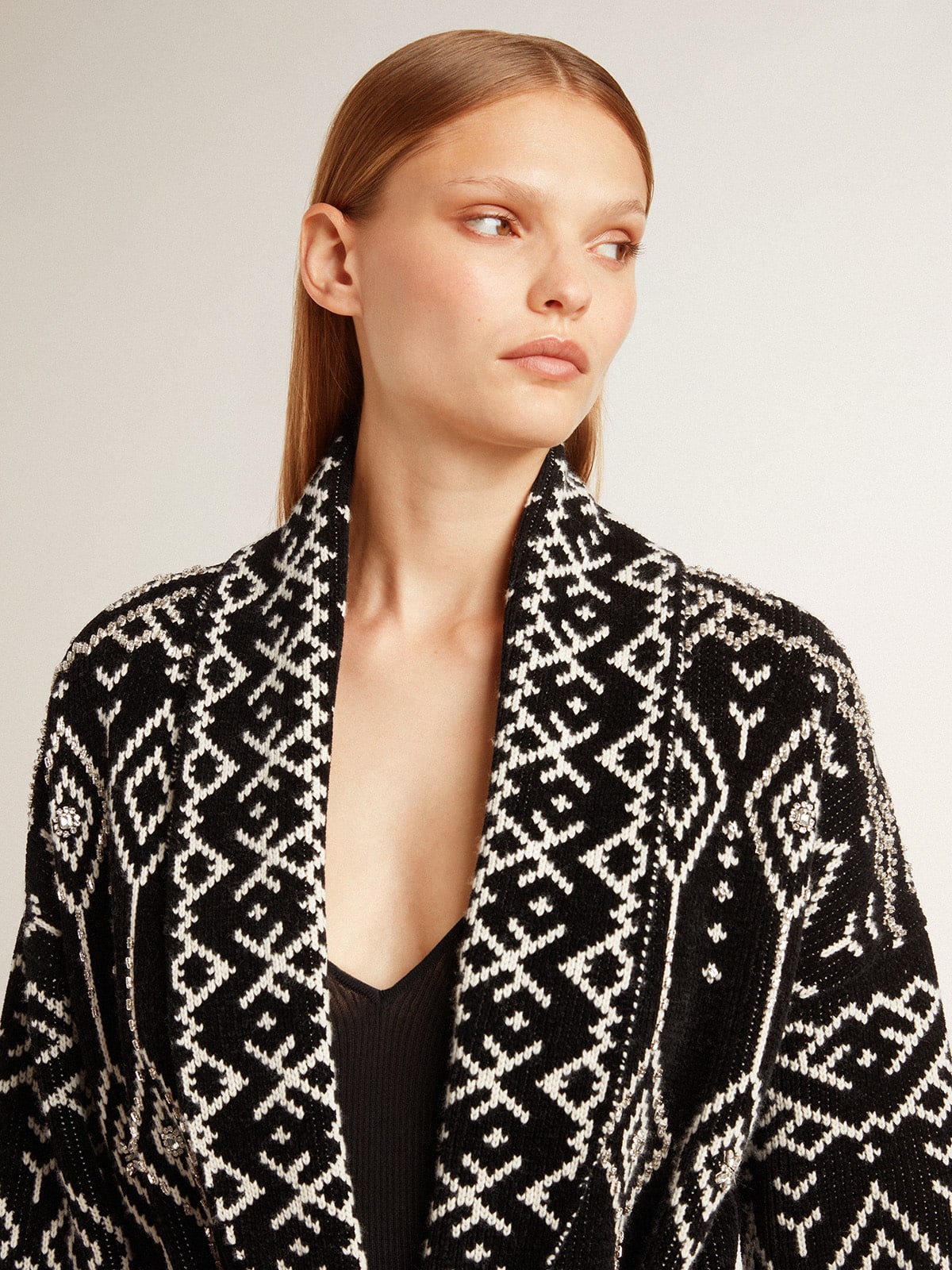 Women’s black cardigan with belt and crystals