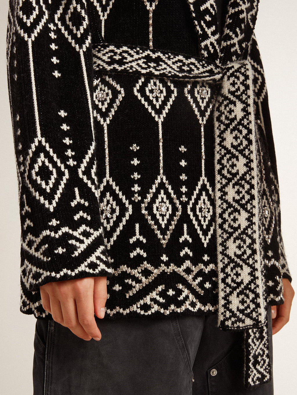 Women’s black cardigan with belt and crystals