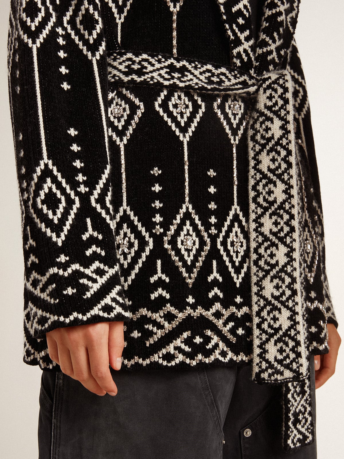Women’s black cardigan with belt and crystals