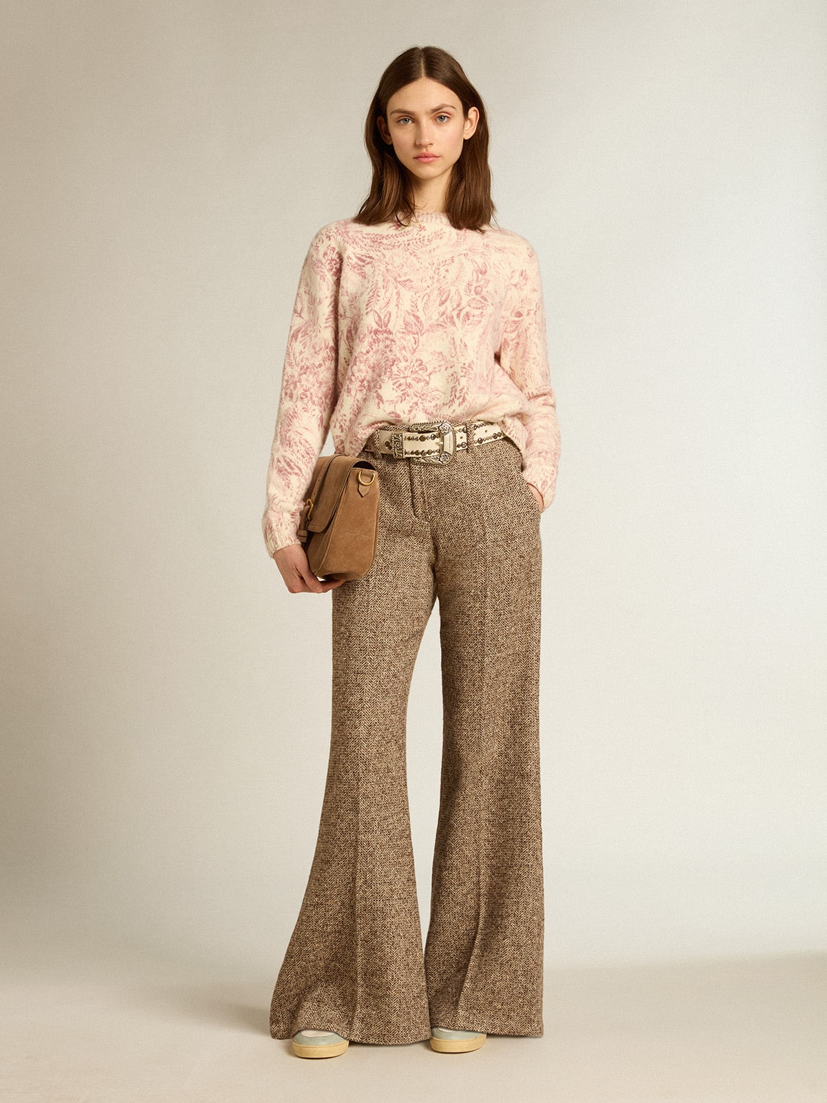 Women’s round-neck sweater in wool with all-over toile de jouy pattern
