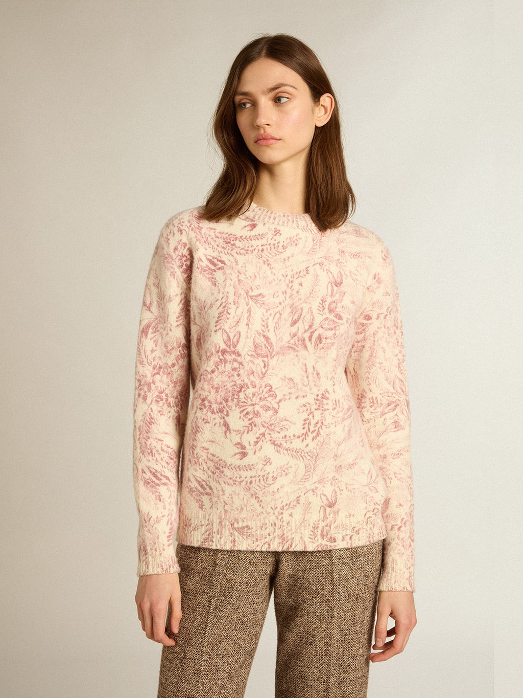 Women’s round-neck sweater in wool with all-over toile de jouy pattern