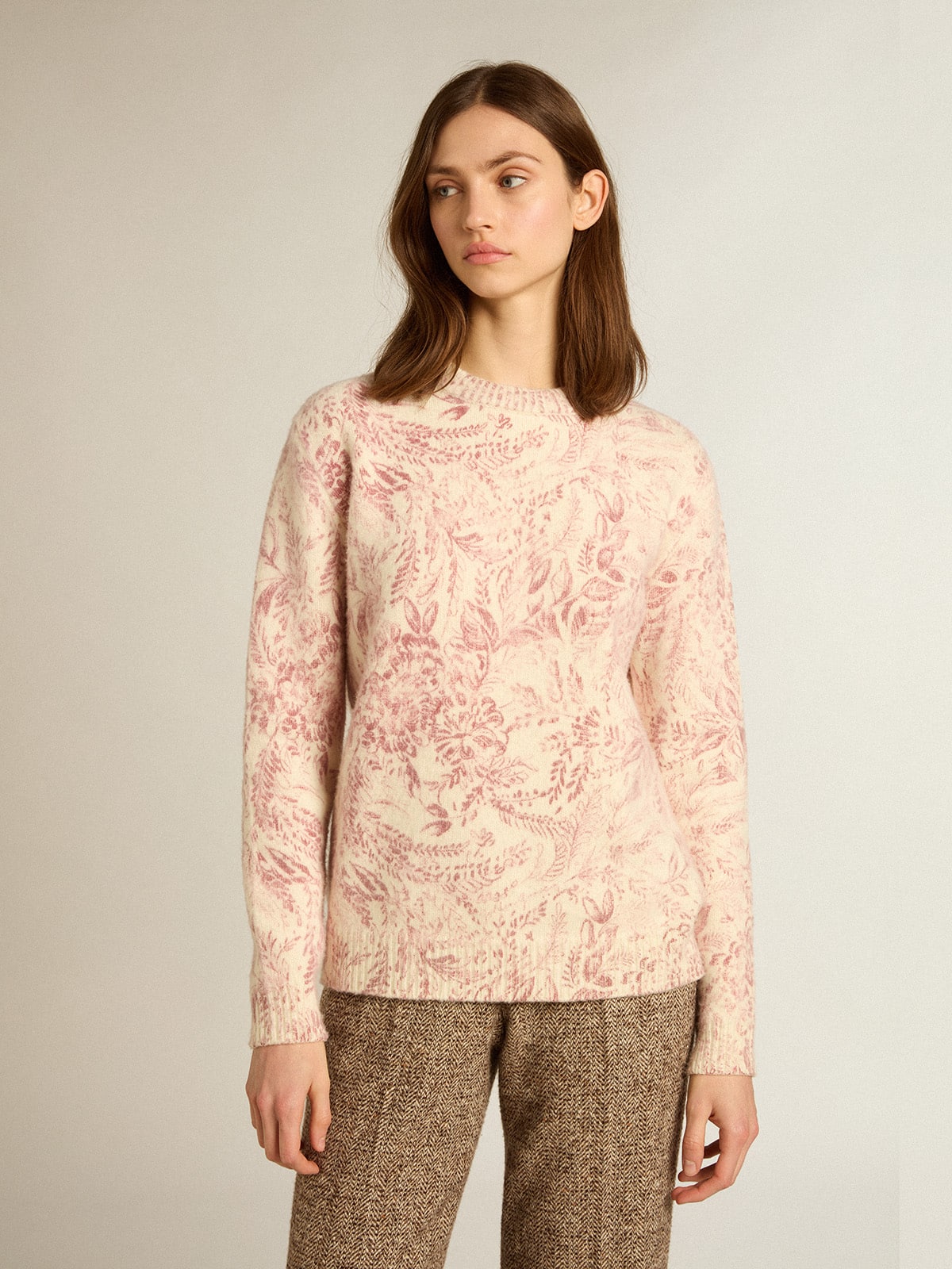 Women’s round-neck sweater in wool with all-over toile de jouy pattern