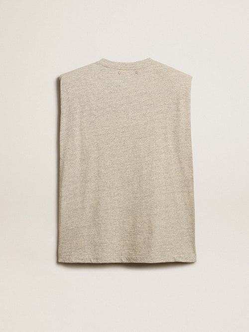 Aged white sleeveless T-shirt with padded shoulder and pearls