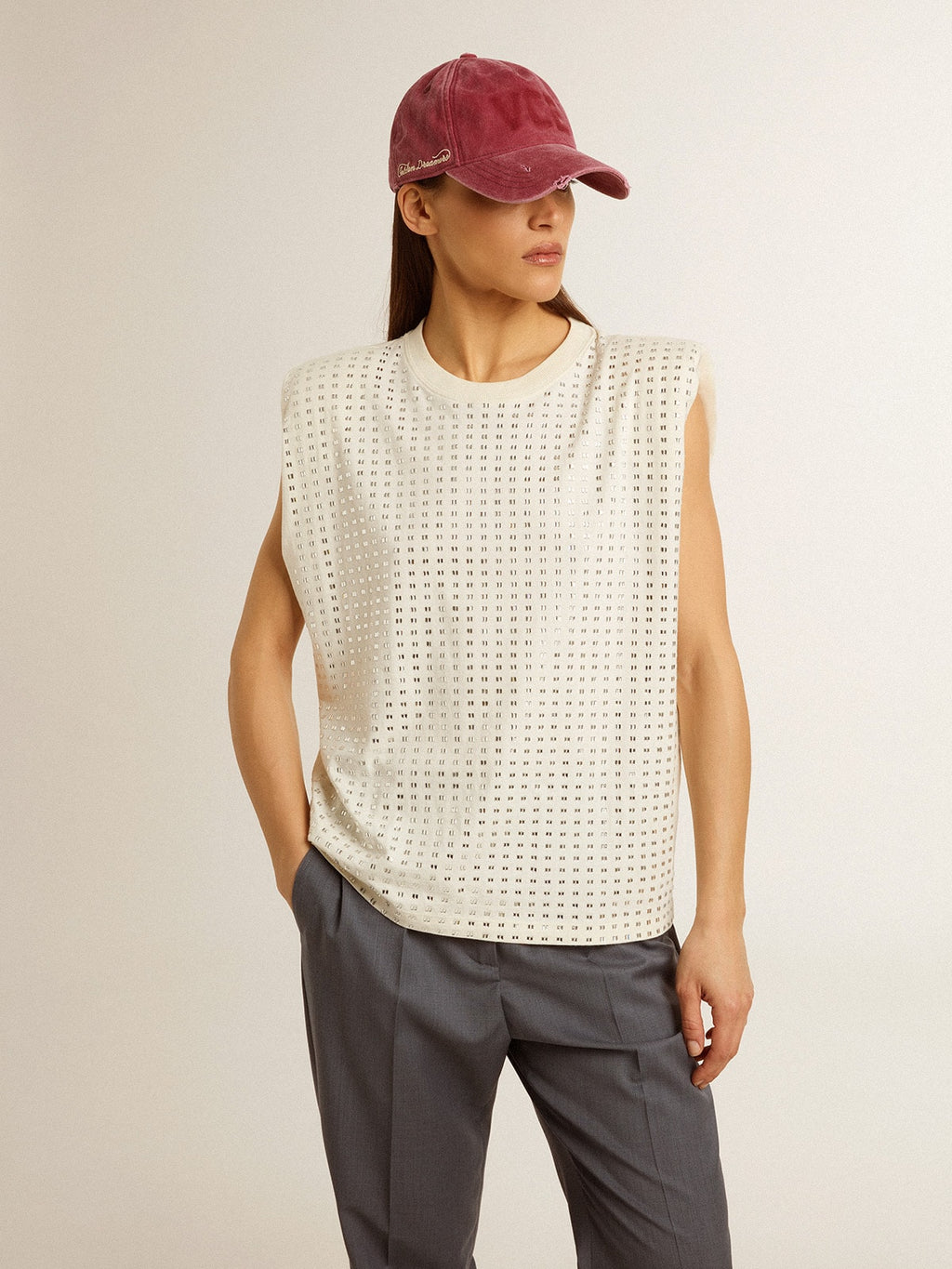 Aged white sleeveless T-shirt embellished with crystals