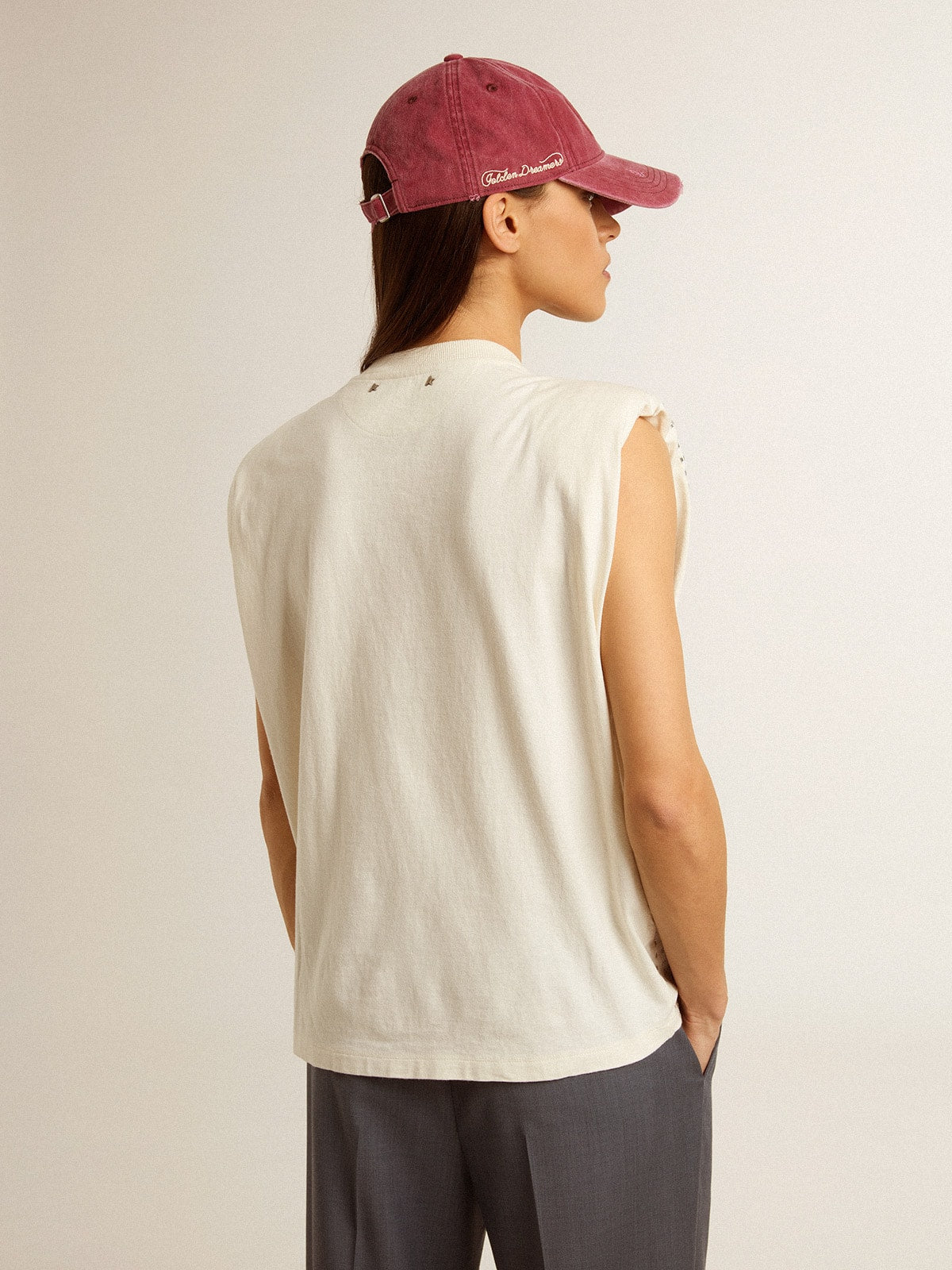 Aged white sleeveless T-shirt embellished with crystals