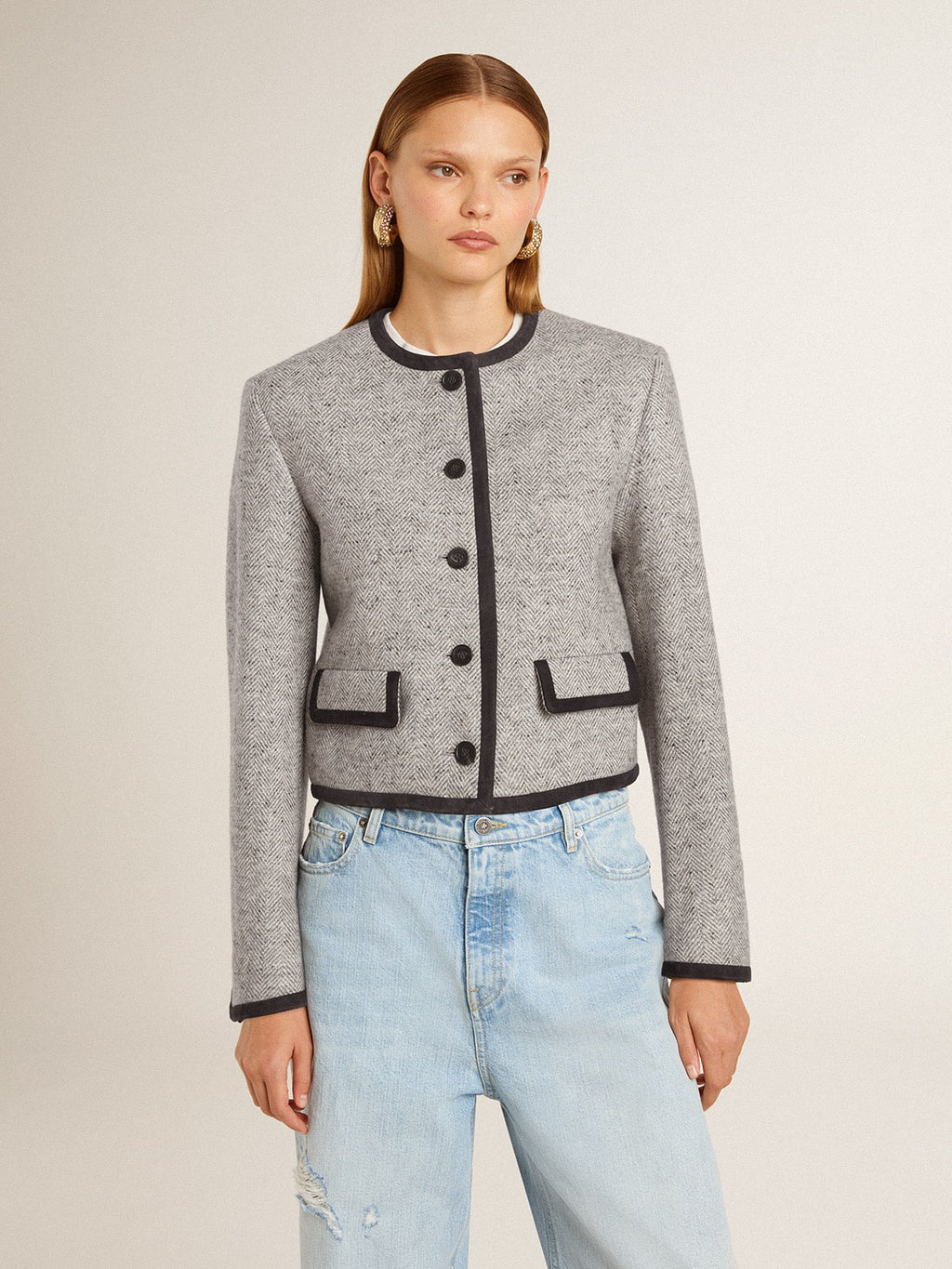 Women's grey wool and silk jacket with black suede trim