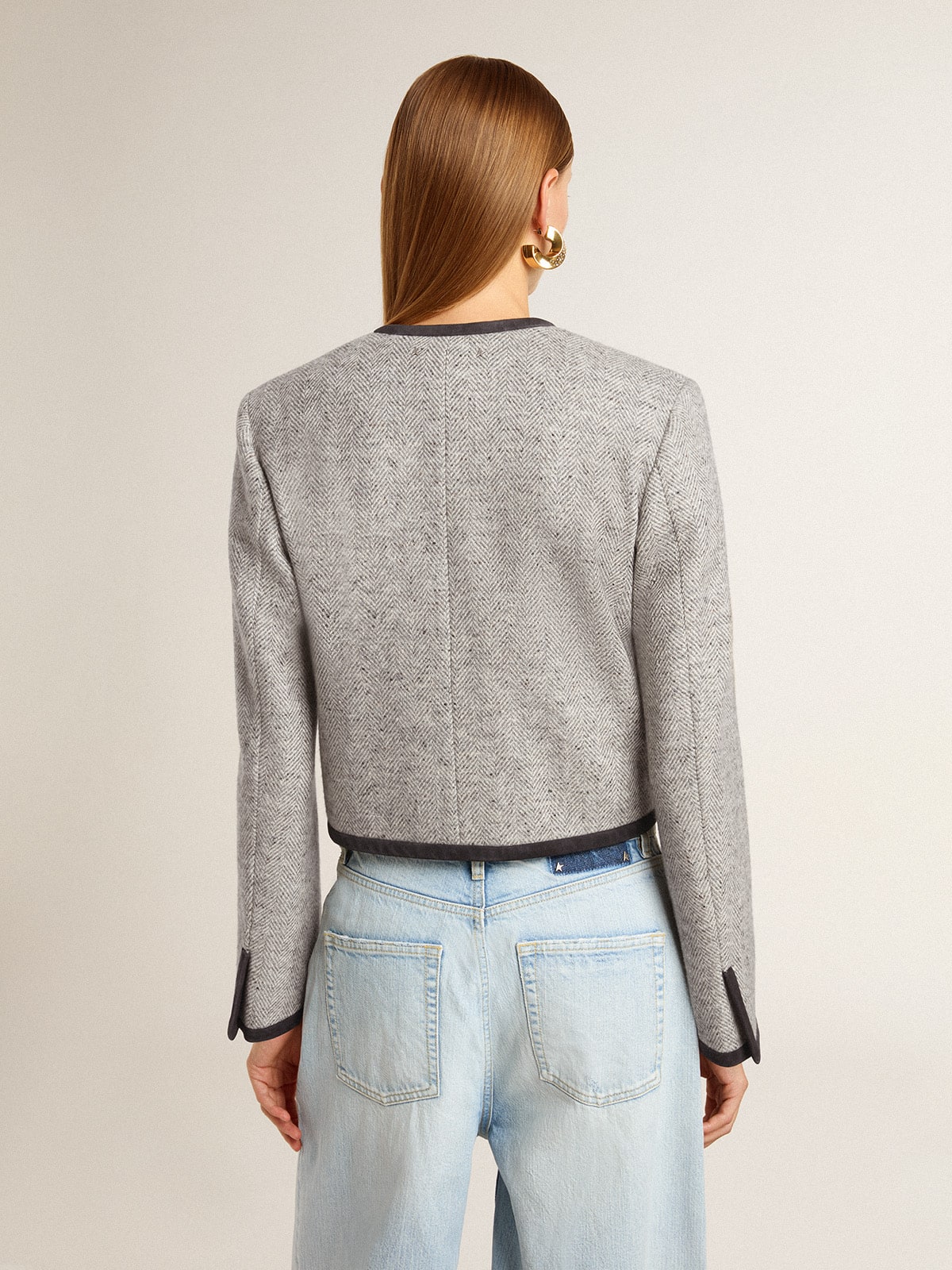 Women's grey wool and silk jacket with black suede trim