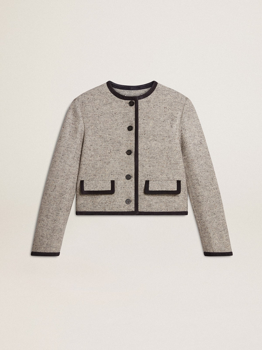 Women's grey wool and silk jacket with black suede trim