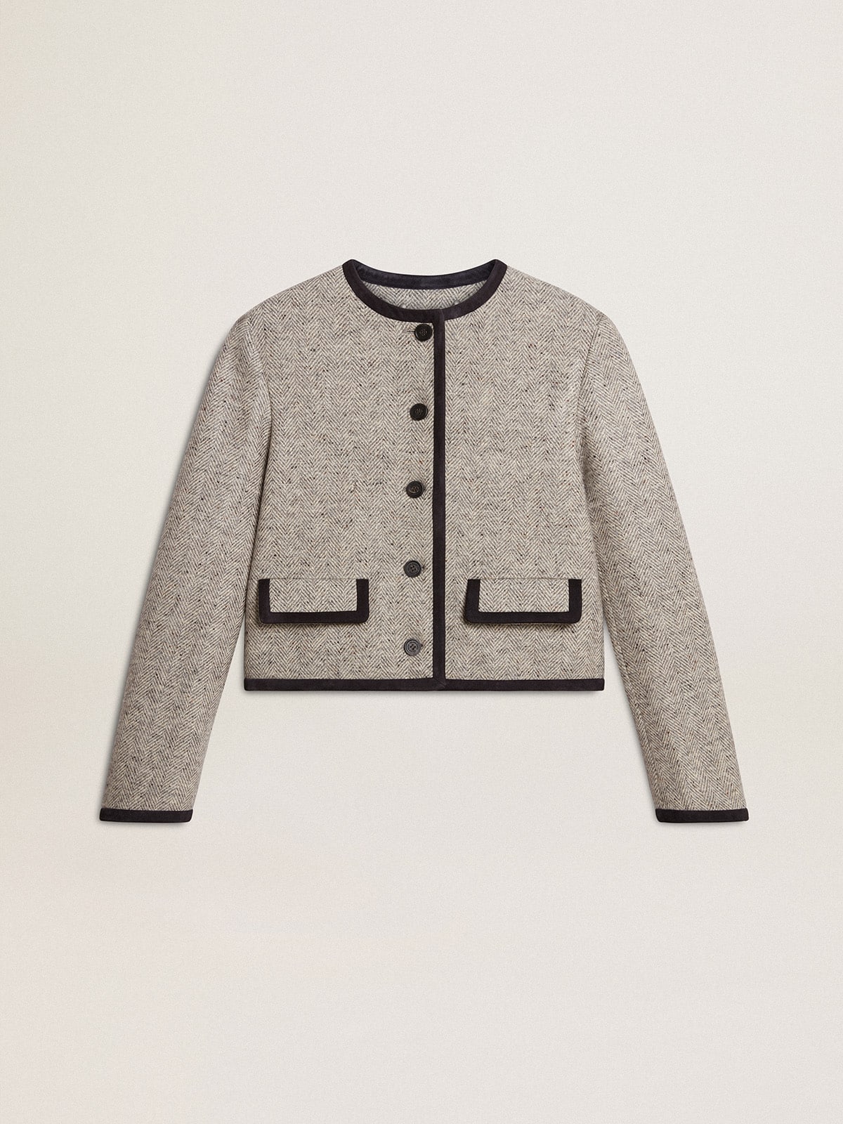 Women's grey wool and silk jacket with black suede trim