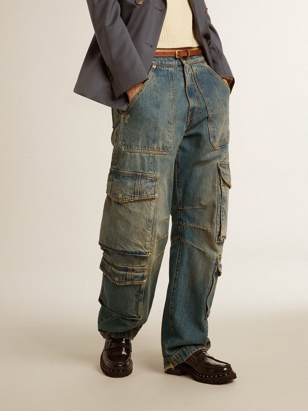 Blue jeans with a distressed finish