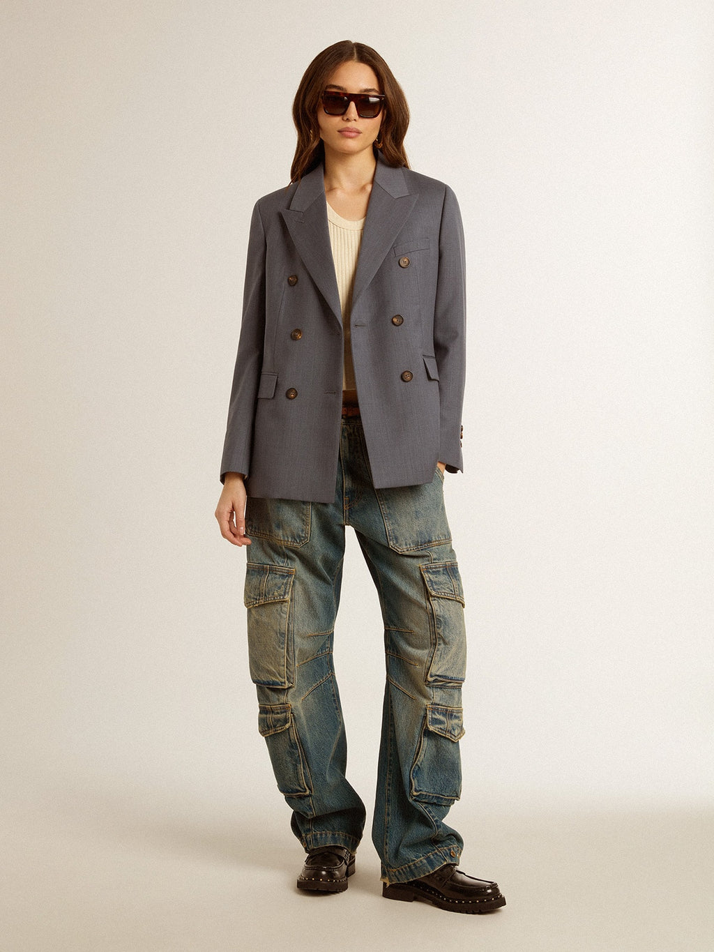 Blue jeans with a distressed finish