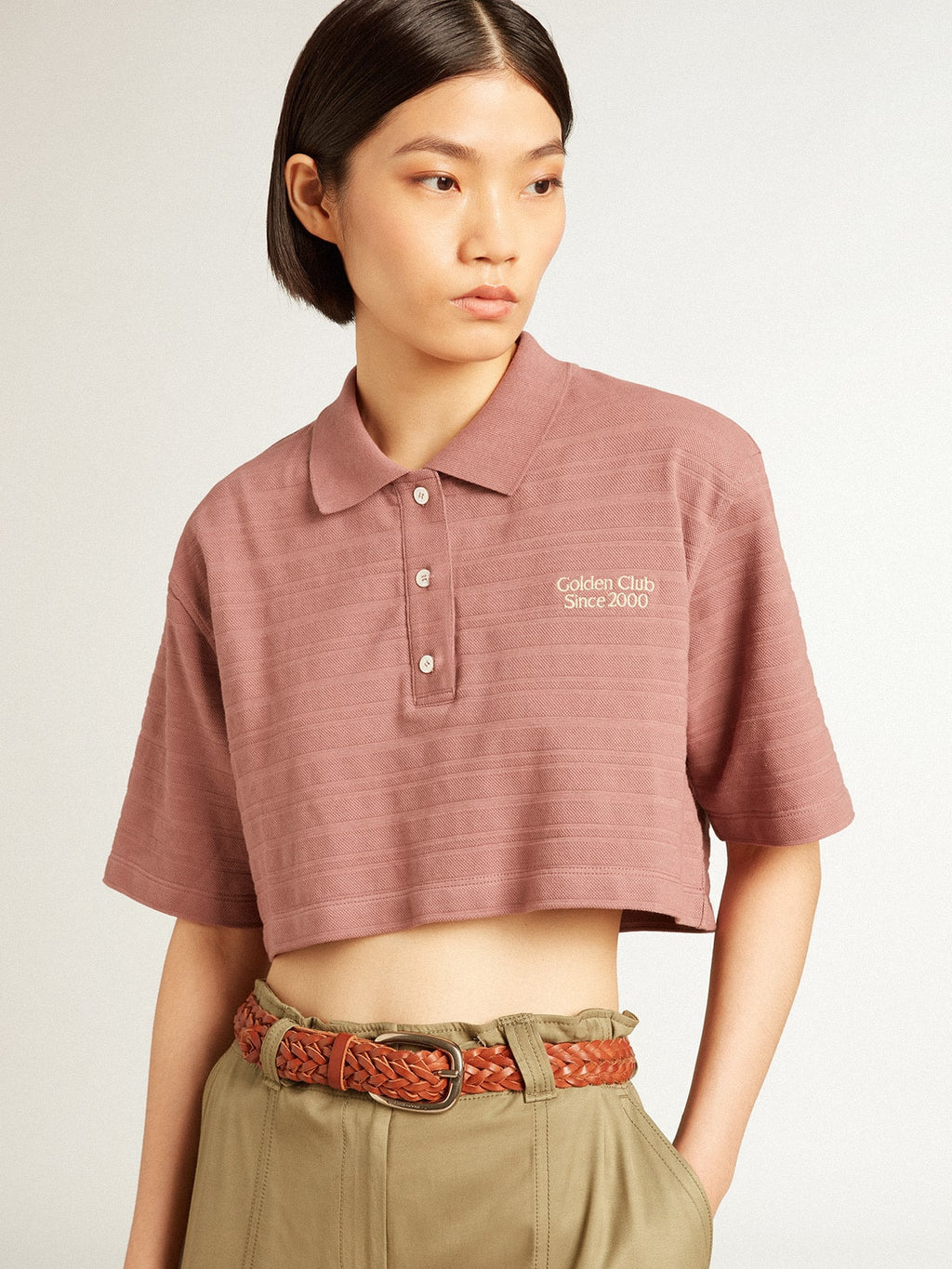 Taupe pink-colored cotton piquet cropped polo shirt